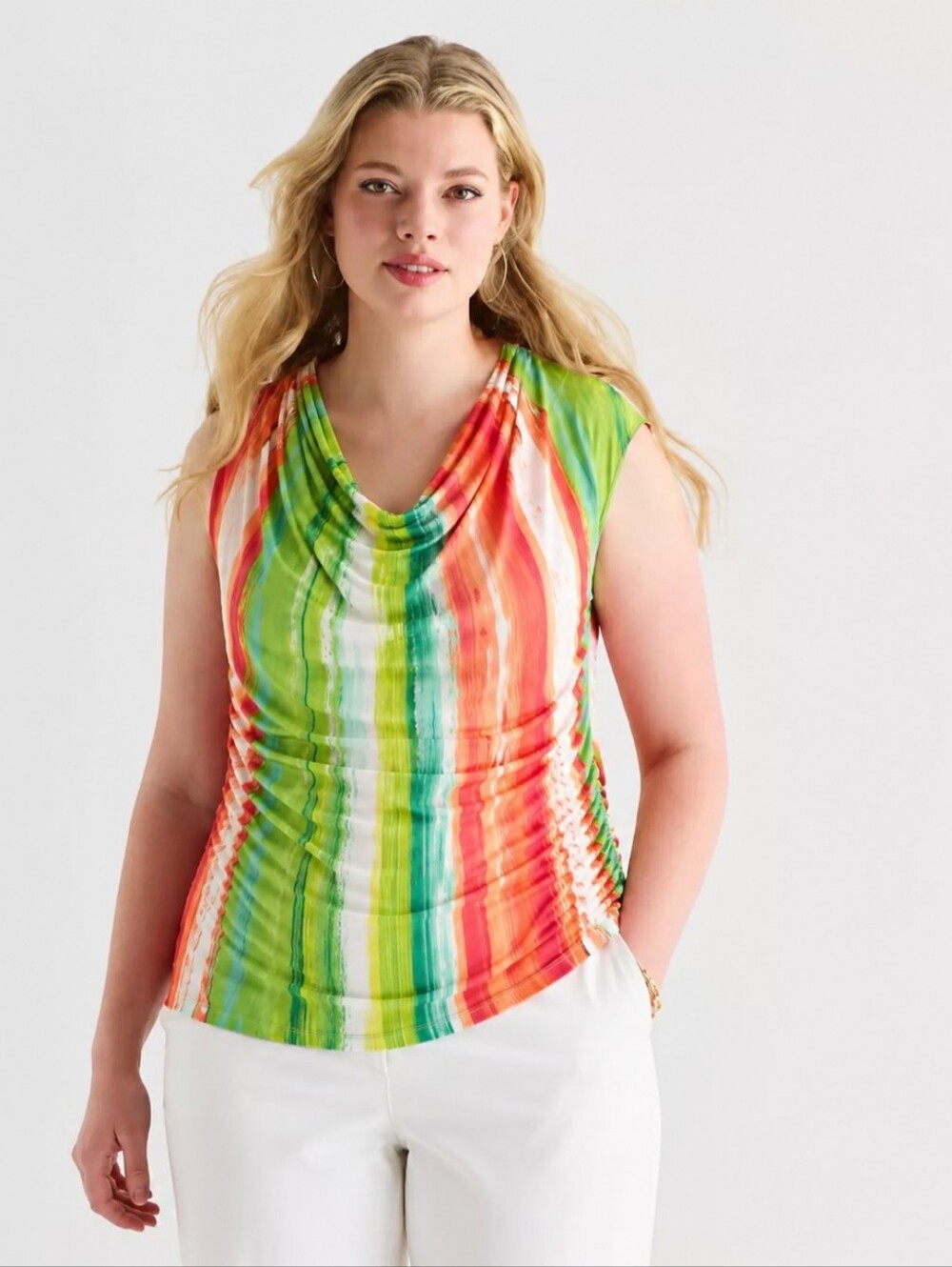 Worthington Green Coral Multicolor Ruched Drape Neck Top 1X